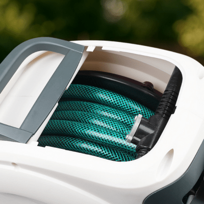 Gros plan sur l'intérieur de l'Enrouleur Tuyau arrosage Retractable Buse Orange et de son tuyau d'arrosage vert