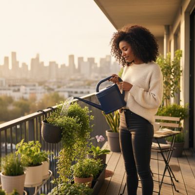 Femme arrosant son potager de balcon urbain avec le Litre Arrosoir Aqua-Nordique 2L