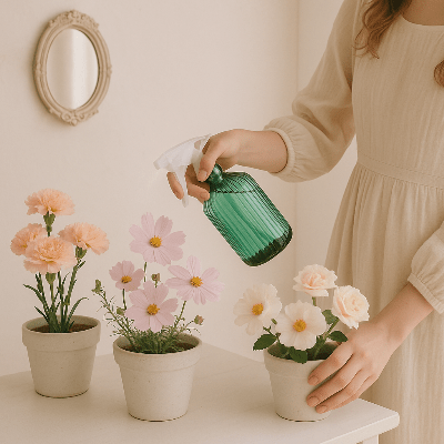 Pulvérisateur à main Romatico Spray en action avec 3 pots de fleurs différentes