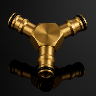 raccordement tuyau arrosage connecteur rapide male 3 voies et son reflet sur table luisante noire