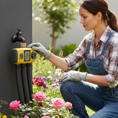 Programmateur d'arrosage YellowSmart 3 voies utilisé par une jardinière