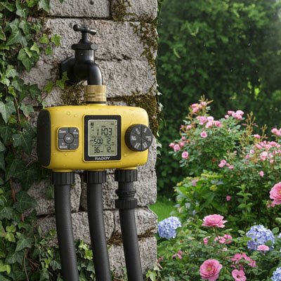 Programmateur d'arrosage YellowSmart 3 voies sur mur extérieur en pierres