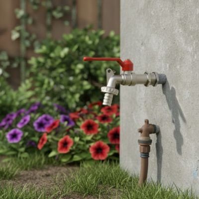 Robinet extérieur au mur crépit gris et fleurs pétunias