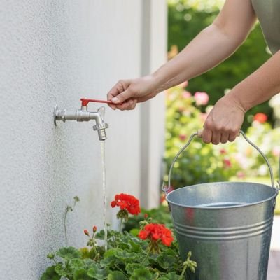 Robinet extérieur utilisé par jardinier avec seau métal