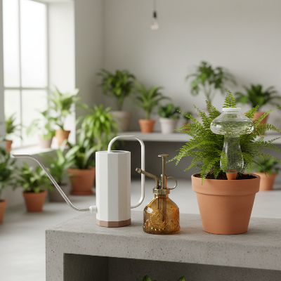 
Arrosoir d'intérieur GreenFlow en trio avec brumisateur et goutte à goutte sur comptoir béton