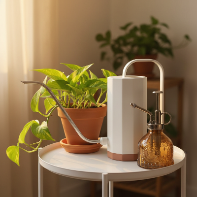 Arrosoir GreenFlow et brumisateur burn ambré sur table près d'une plante verte