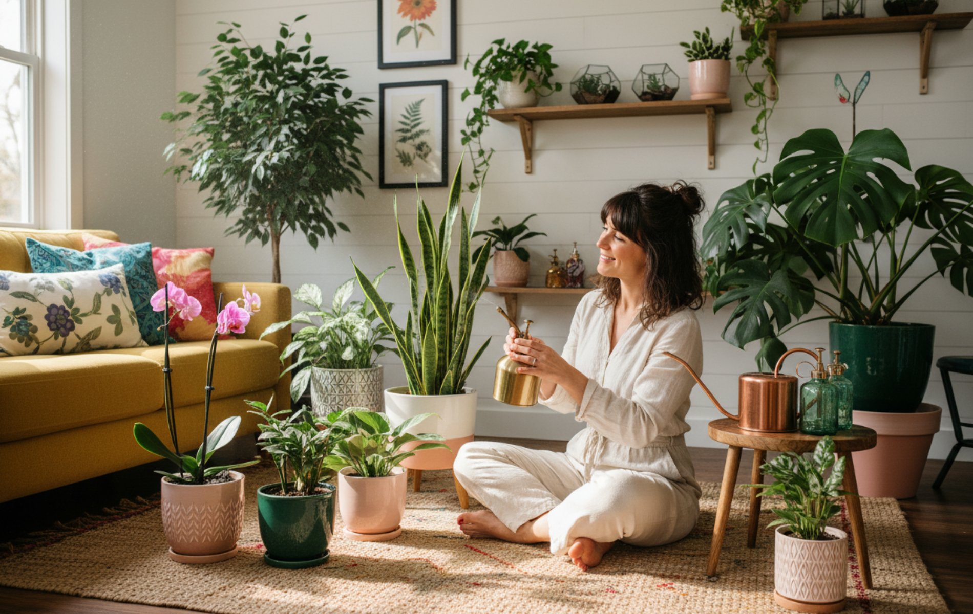 Femme s'occupant de ses plantes intérieur avec brumisateur doré au salon