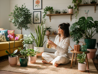 Femme s'occupant de ses plantes intérieur avec brumisateur doré
