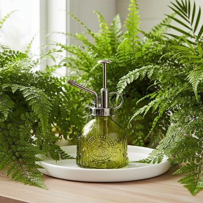 Brumisateur Plante Verre Dark Vintage  entouré de fougères