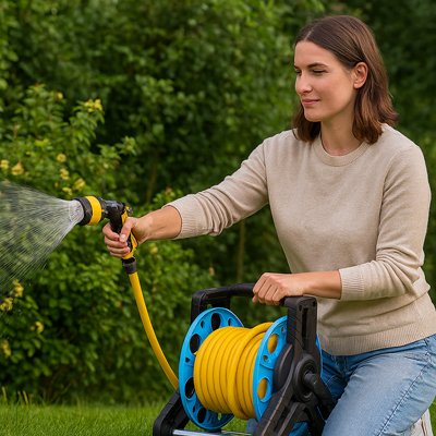 Dévidoir tuyau arrosage AquaRoll Compact  utilisé par jardinière