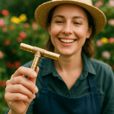 Embout Tuyau Arrosage Connecteur T Cannelé dans les mains d'une jardinière