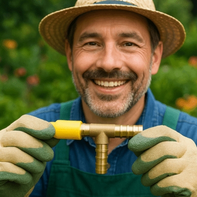 Embout Tuyau Arrosage Connecteur T Cannelé dans les mains d'un jardinier connectant un tuyau jaune
