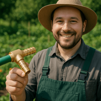 Embout Tuyau Arrosage Connecteur T Cannelé dans les mains d'un jardinier heureux connectant un tuyau vert
