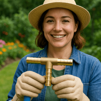 Embout Tuyau Arrosage Connecteur T Cannelé tenu dans les mains d'une jardinière heureuse