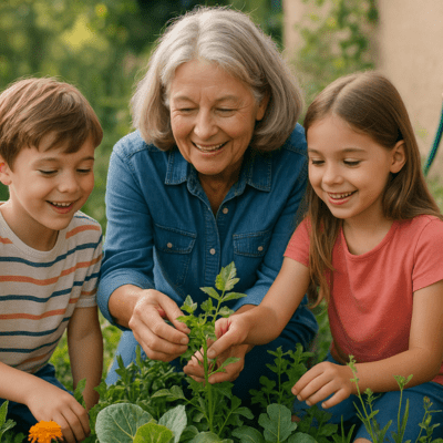 Grand-mère et enfants au jardin heureux des résultats du système branché avec l'Embout Tuyau Arrosage Connecteur Droit Cannelé 
