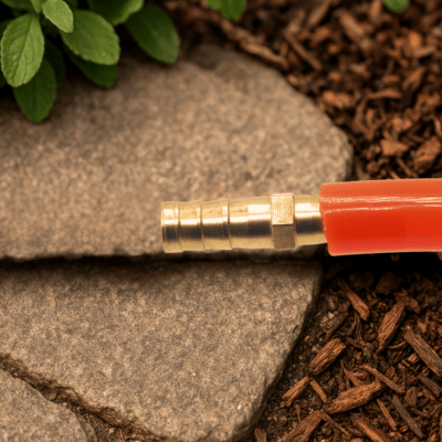 embout tuyau arrosage connecteur droit cannelé au bout d'un tuyau rouge déposé sur un caillou au jardin