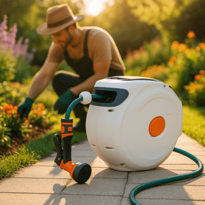 Enrouleur Tuyau arrosage Retractable Buse Orange près d'un jardinier au travail
