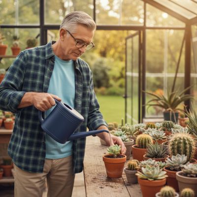 Homme âgé s'occupant de ses succulentes avec le Litre arrosoir Aqua - Nordique 1L Marine