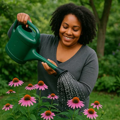 Dame heureuse d'arroser ses équinacées roses avec son Litre arrosoir JardinDO