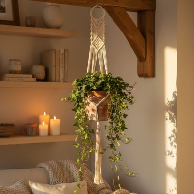 Macramé Plante Bohème SuspendCosy avec un lierre dans ambiance détente