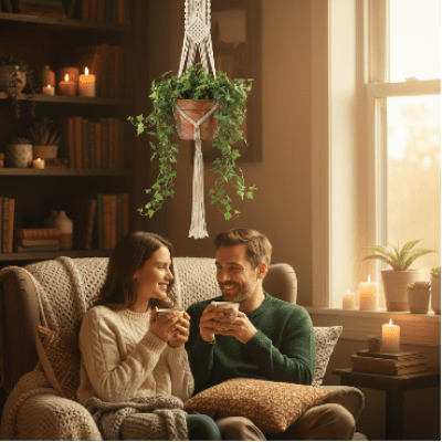 Macramé Plante Bohème SuspendCosy dans un lifestyle cosy d'un couple