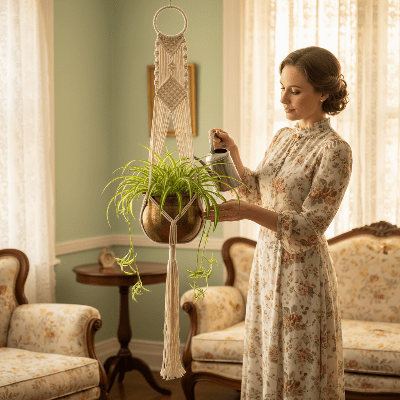 Macramé Plante Bohème SuspendCosy femme avec lifestyle vintage 