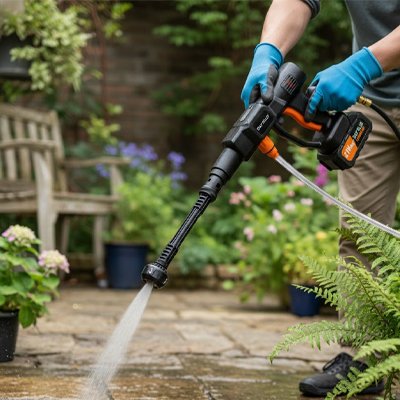 Nettoyeur haute pression sans fil Pro-Clean sur errasse en pierres taillées