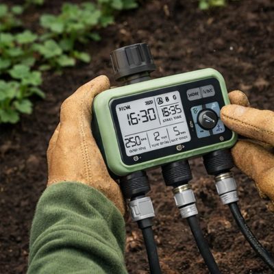 Programmateur arrosage 3 voies Fluxia 3dans les mains gantées d'un jardinier