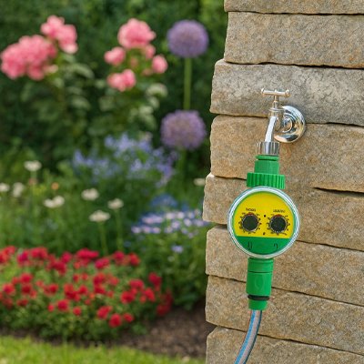 Programmateur arrosage automatique Eco-Smart au mur extérieur en pierre taillées