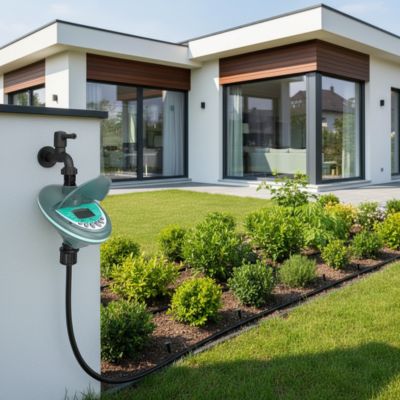Programmateur Arrosage Green-Smart près d'une plate bande maison moderne