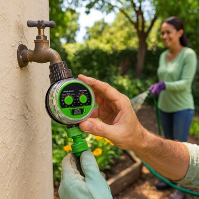 Programmateur d Arrosage O-Smart avec jardinière heureuse en arrière plan