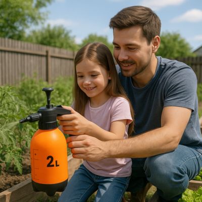 jeune famille utilisant Pulvérisateur jardin Aquapulse duo orange 