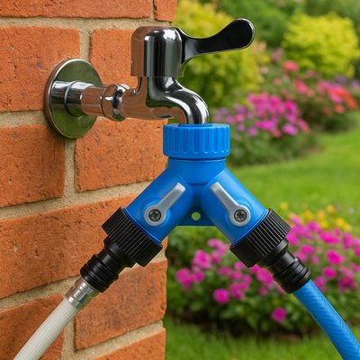 Raccord pour tuyau arrosage en Y GardenPlus sur robinet extérieur mur brique