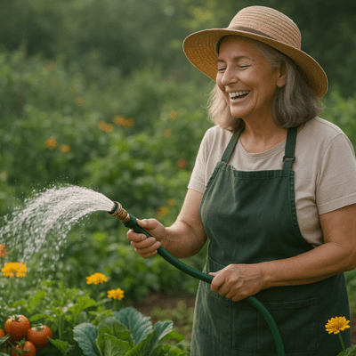 Raccord tuyau arrosage connecteur rapide QuickBrass utilisé par femme retraitée cheveux gris dsans son magnifique jardin
