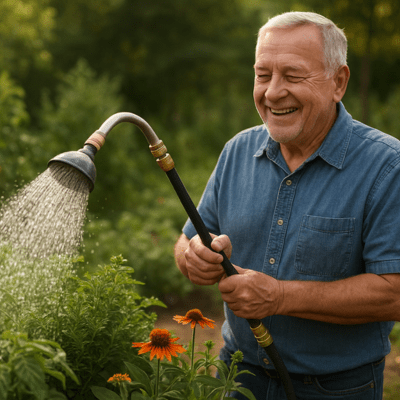 Raccord tuyau arrosage connecteur rapide QuickBrass utilisé par homme dans 60aine dans jardin florissant
