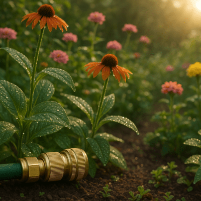Raccord tuyau arrosage connecteur rapide QuickBrass dans un jardin florissant grâce arrosage fiable