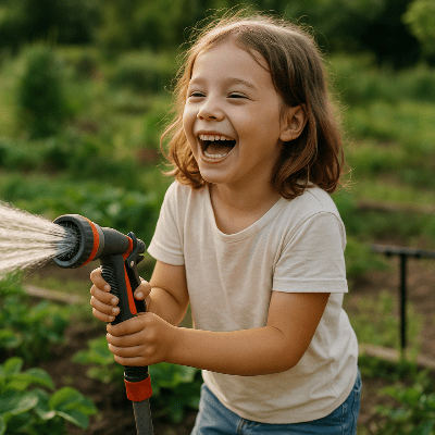 Raccord tuyau arrosage TriFlo 8 connecteurs T 16mm en arrière plan 'un enfant joyeux aidant au jardin
