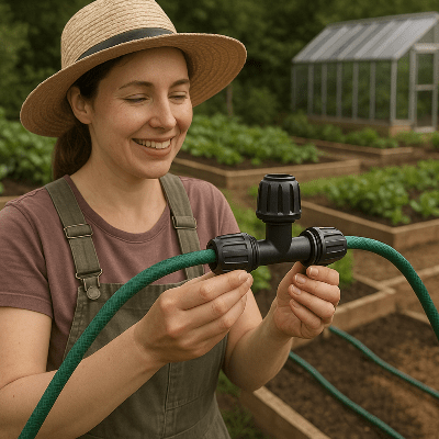 Raccord tuyau arrosage TriFlo 8 connecteurs T 16mm utilisé par une jardinière installant son systme d'arrosage