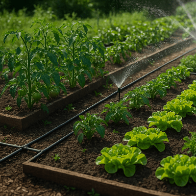Raccord tuyau arrosage TriFlo 8 connecteurs T 16mm dans un système d'arrosage d'un potager