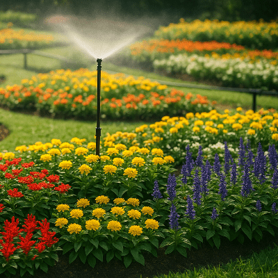 Raccord tuyau arrosage TriFlo 8 connecteurs T 16mm utilisés dans un jardin fleuri avec irrigation