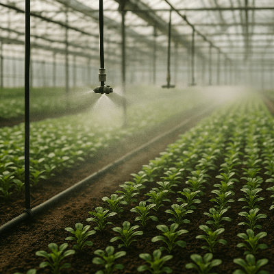 Raccord tuyau arrosage TriFlo 8 connecteurs T 16mm installé dans un système de brumisation de serre