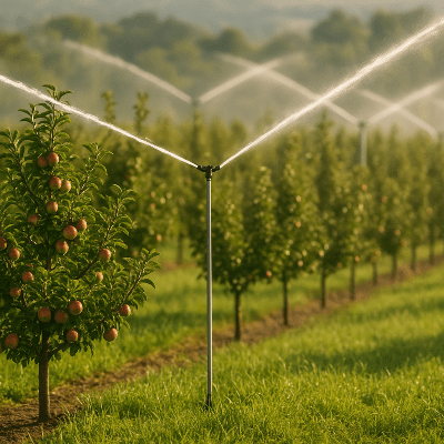 Raccord tuyau arrosage TriFlo 8 connecteurs T 16mm utilisé pour un verger avec irrigation