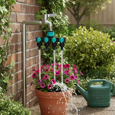 Raccord tuyau arrosage Universal Anti-Fuite 4 voies installé au jardin fleuri