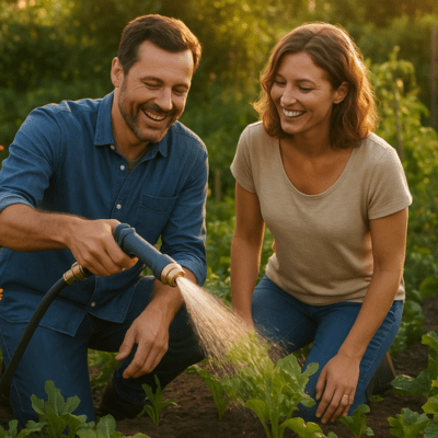 couple arrosant les plants avec le raccordement tuyau arrosage connecteur rapide fileté male 12-19mm 