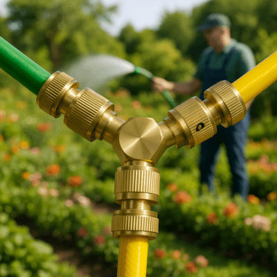 raccordement tuyau arrosage connecteur rapide male 3 voies en gros plan sur fond de jardin entretenu par une jardinier