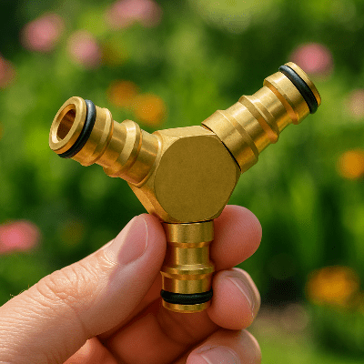 raccordement tuyau arrosage connecteur rapide male 3 voies en gros plan au jardin