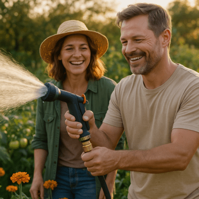 Couple dans le jardin avec leur Raccordement tuyau arrosage connecteur rapide vanne d'arrêt 1/2 - 5/8 - 3/4 