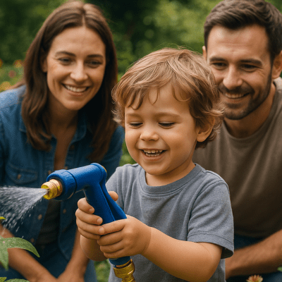 Famille avec enfant arrosant avec Raccordement tuyau arrosage connecteur rapide vanne d'arrêt 1/2 - 5/8 - 3/4 