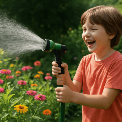 Enfant s'amusant a jardin grâce au raccordement tuyau arrosage coupleur de jonction QuickBrass