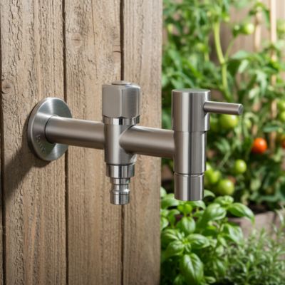 Gros plan du Robinet double sortie FrosProtect au potager